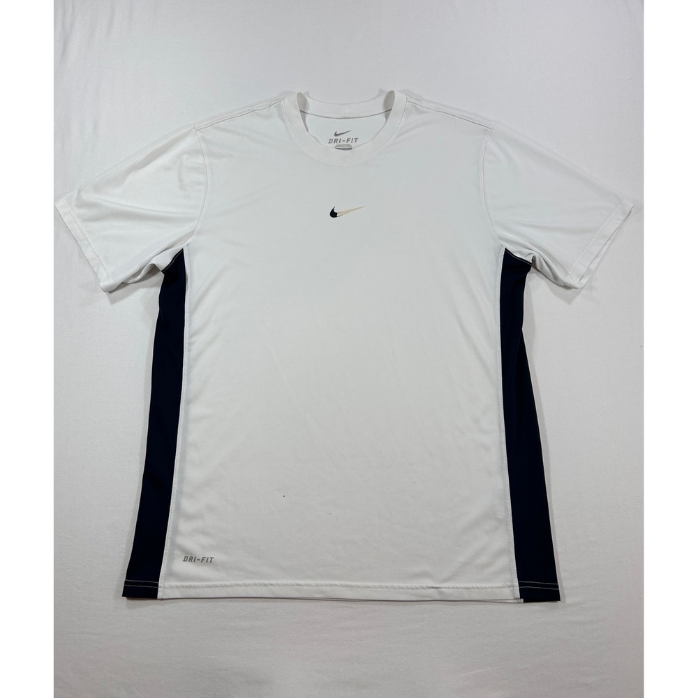 Nike Dri-FIT Mens Training Shirt White Navy Blue Side Panel Swoosh Size M